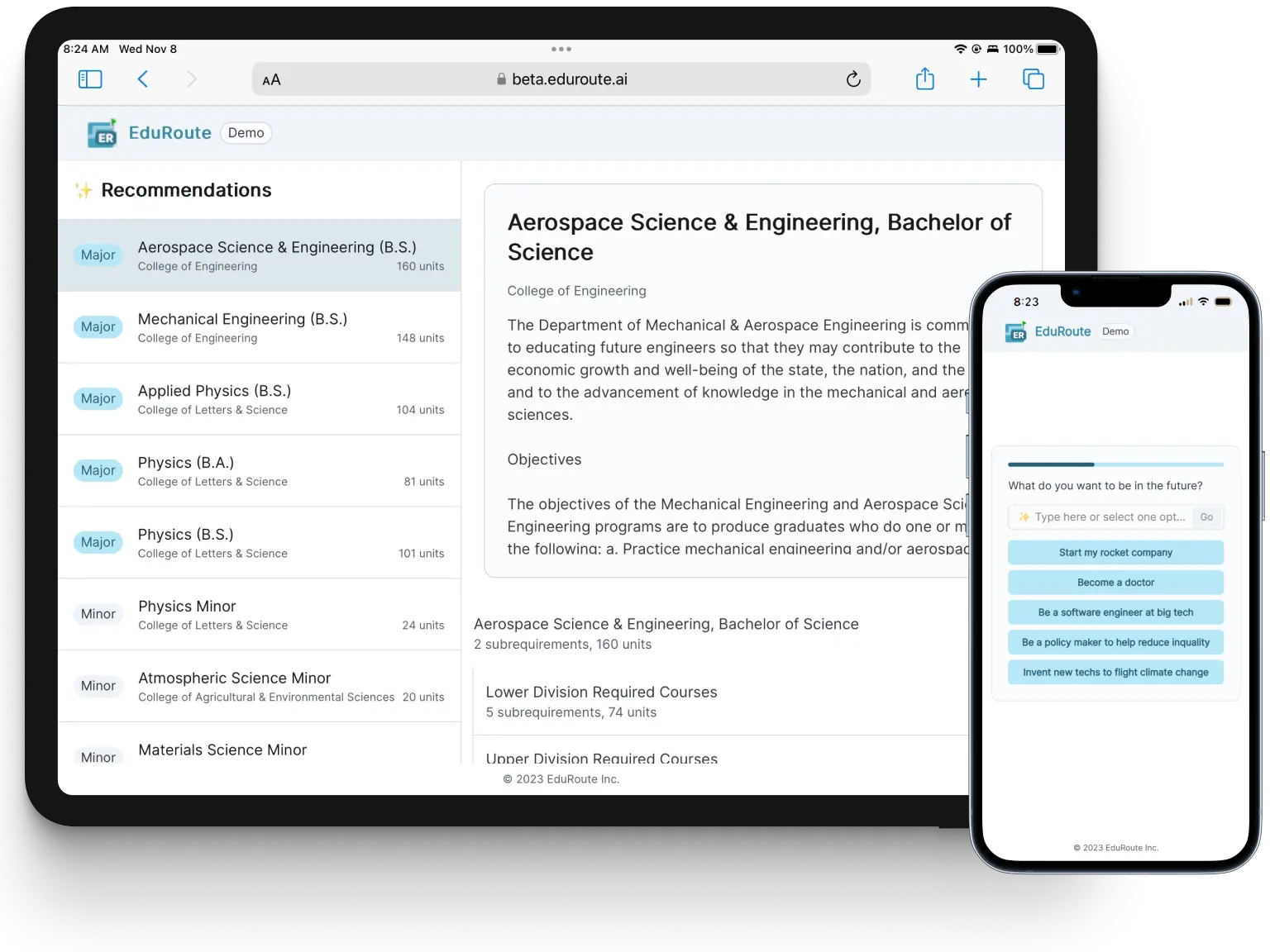 EduRoute Product Screenshots framed in a phone and a tablet